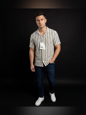 Zara Short-Sleeve Striped Button-Down Shirt in yellow ,Navy & Gray